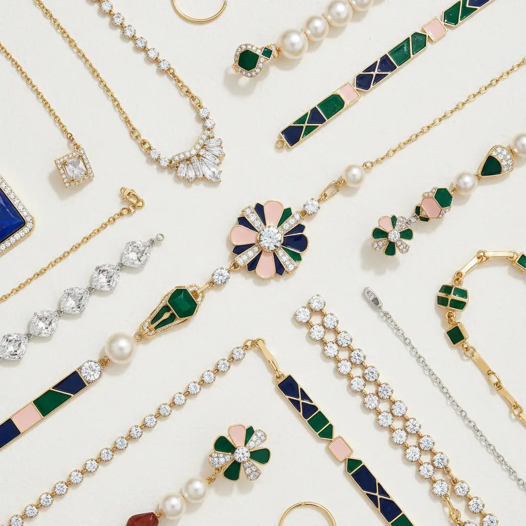 Fashion jewelry materials including brass, crystal and natural gemstones