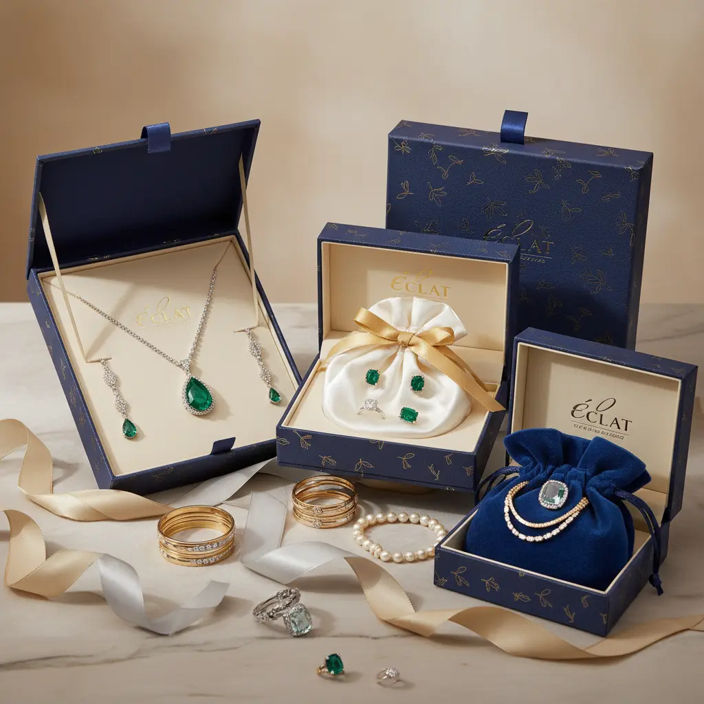 Luxury custom jewelry packaging with branded boxes and satin pouches for rings, necklaces and bracelets