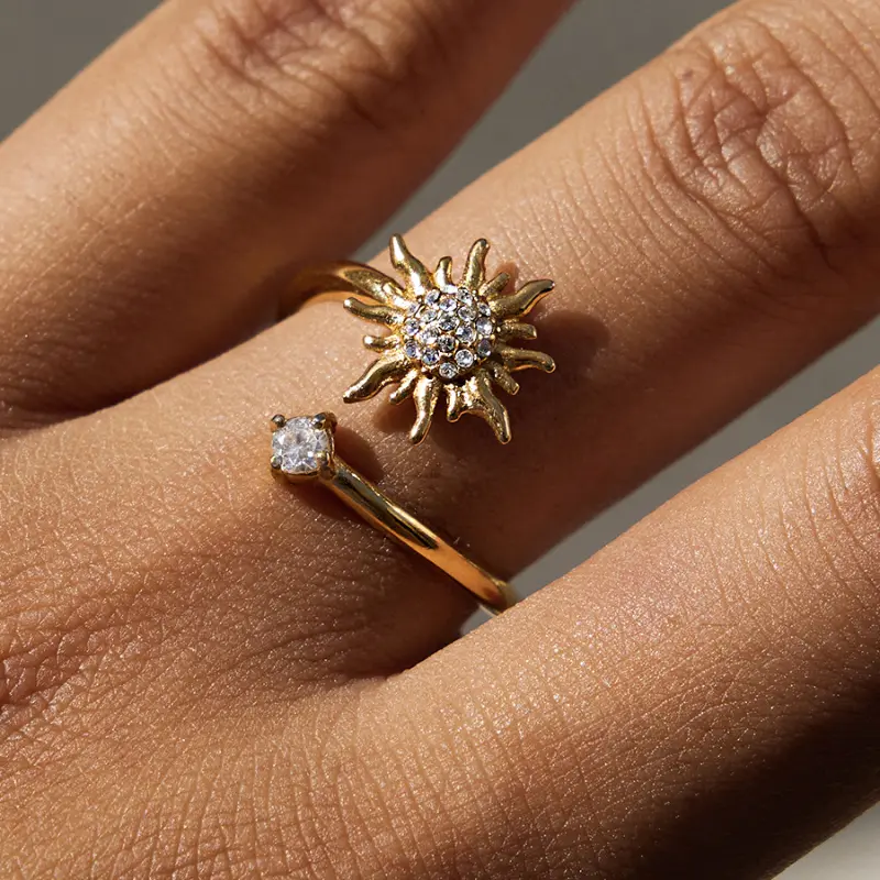Sun design ring with crystal center – unique fashion ring